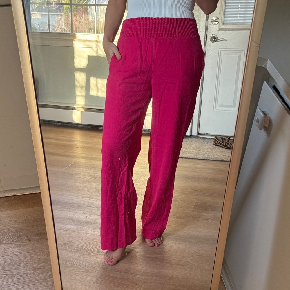 Women's Smocked Waist Linen Pants - Fuchsia